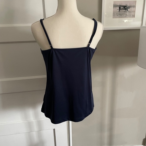 Navy blue mini check covered button blouse mandarin collar - Picture 11 of 12